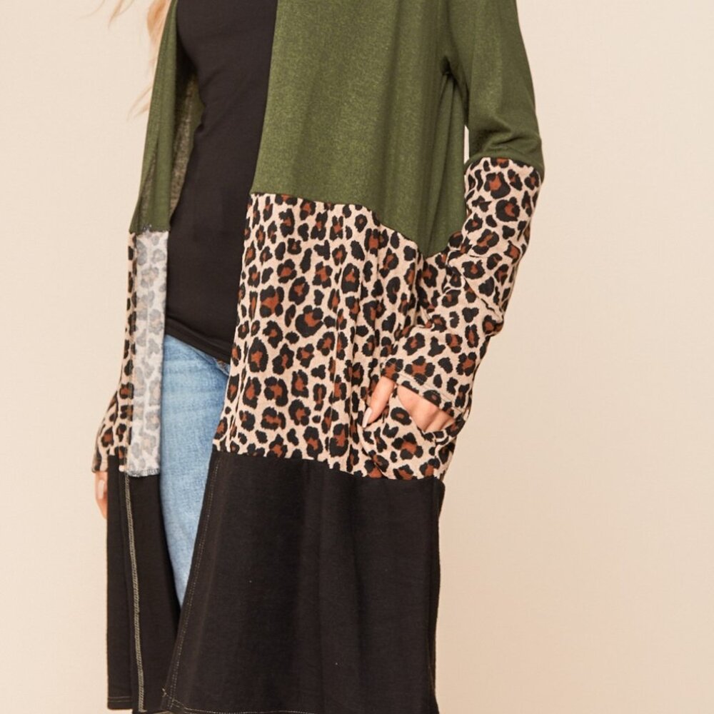HAPTICS Bohemia Leopard Print Two Tone Large Long Line Pockets Duster Cardigan